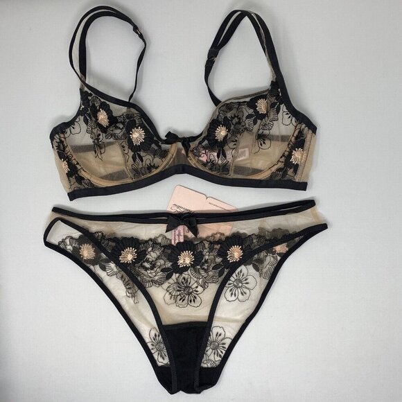 Agent Provocateur Janie Black Peach Set 36D/3 - Picture 1 of 16